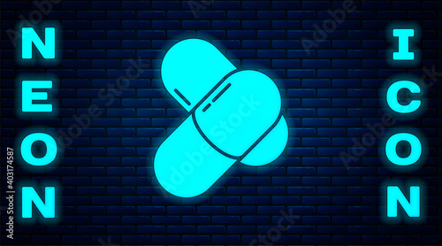 Glowing neon Sports nutrition bodybuilding proteine power drink and food icon isolated on brick wall background. Vector.