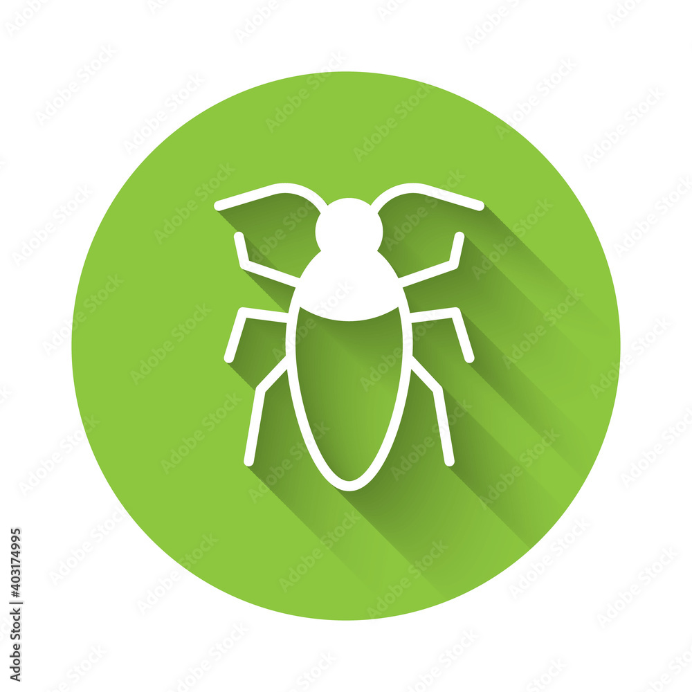 White Cockroach icon isolated with long shadow. Green circle button. Vector. White Cockroach icon isolated with long shadow. Green circle button. Vector.