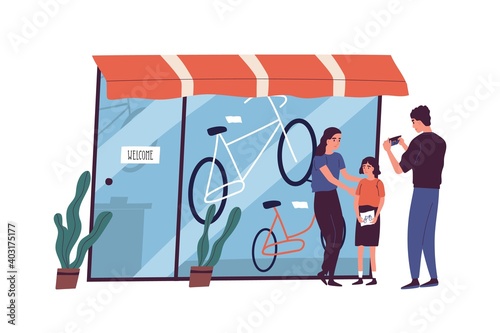 Poor family have no money to buy bike to child vector flat illustration. Sad father looking at empty wallet standing near store showcase isolated. Poverty and financial crisis