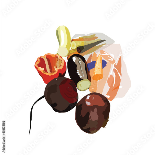 Chopped vegetables. Of each type, one part is cut.
It is a "terumah and maaser" - a jewish commandment.
Colorful vector drawing of eggplant, zucchini, beets, peppers, and colored carrots 