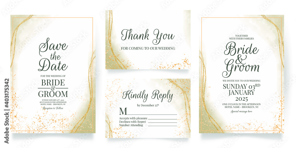 Wedding invitation card template set with watercolor background