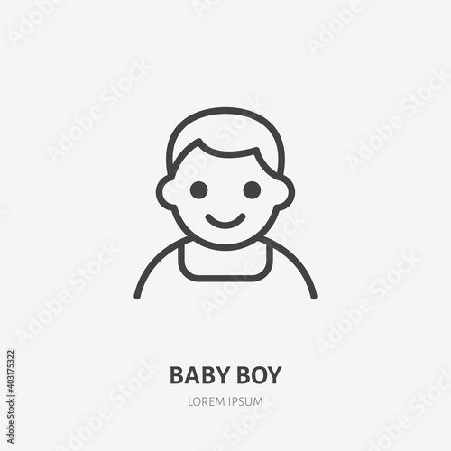 Baby boy flat line icon. Vector outline illustration of little kid avatar. Black color thin linear sign for children simple profile