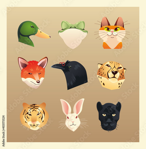 set of different animals heads duck rabbit cat fox rabbit tiger panther and