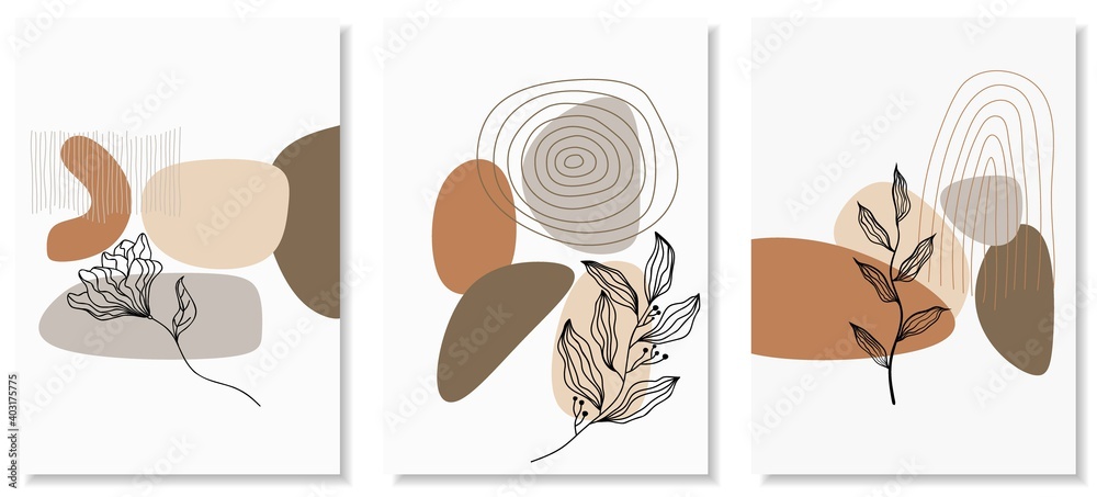 Abstract backgrounds with minimal shapes and line art flower and leaf.