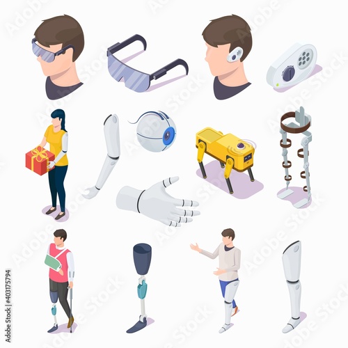 Isometric glass eye, arm, hand, leg prosthesis, blind glasses, hearing aid, flat vector illustration. Prosthetic equipment, artificial eye and limb for people with disabilities and visual impairment.