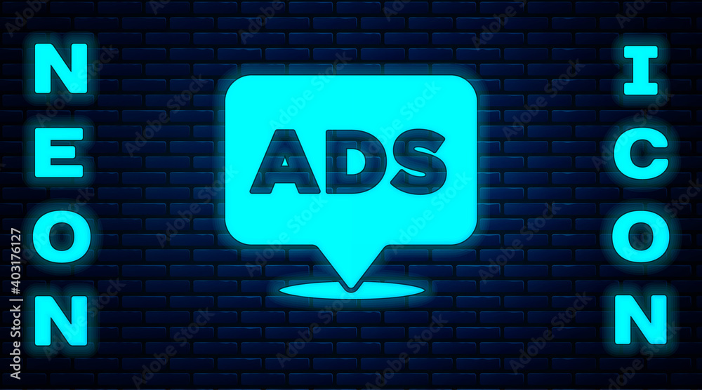 Glowing neon Advertising icon isolated on brick wall background. Concept of marketing and promotion process. Responsive ads. Social media advertising. Vector. Glowing neon Advertising icon isolated on brick wall background. Concept of marketing and promotion process. Responsive ads. Social media advertising. Vector.