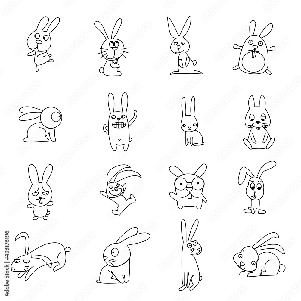 Hand-drawn vector rabbit icons set. Simple cartoon bunny isolated ...