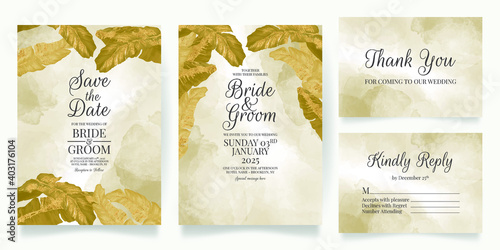Wedding invitation card template set with watercolor background