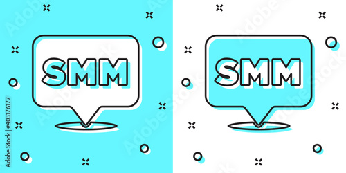 Black line SMM icon isolated on green and white background. Social media marketing, analysis, advertising strategy development. Random dynamic shapes. Vector.