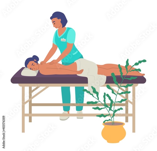 Rehabilitation center. Massage therapy, flat vector illustration. Female physiotherapist giving back massage to patient lying on the table. Rehabilitation and physiotherapy treatment of injured people