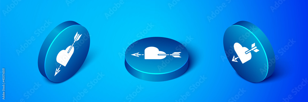 Isometric Amour symbol with heart and arrow icon isolated on blue background. Love sign. Valentines symbol. Blue circle button. Vector. Isometric Amour symbol with heart and arrow icon isolated on blue background. Love sign. Valentines symbol. Blue circle button. Vector.