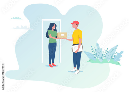 Woman receives the parcel from online shop. Courier delivers the parcel. Fast shipping at home. Vector editable illustration. 