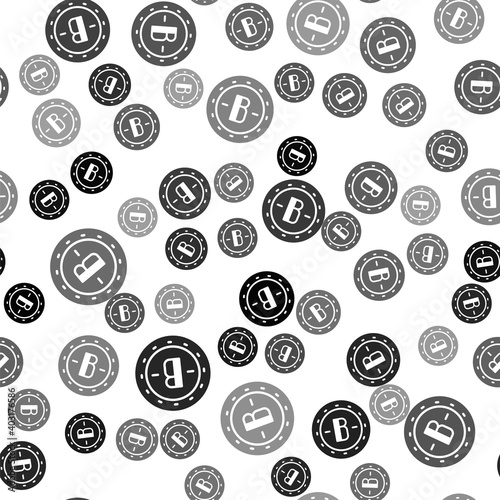 Black Cryptocurrency coin Bitcoin icon isolated seamless pattern on white background. Physical bit coin. Blockchain based secure crypto currency. Vector.