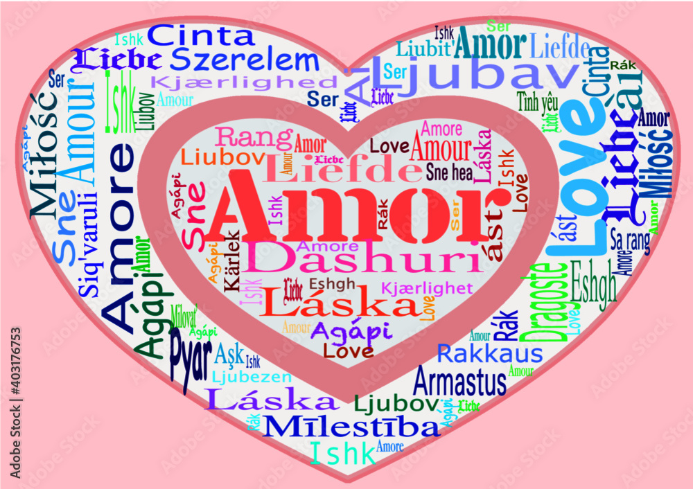 Word cloud with the word love in different languages (for example liefde, amor, amour, Liebe