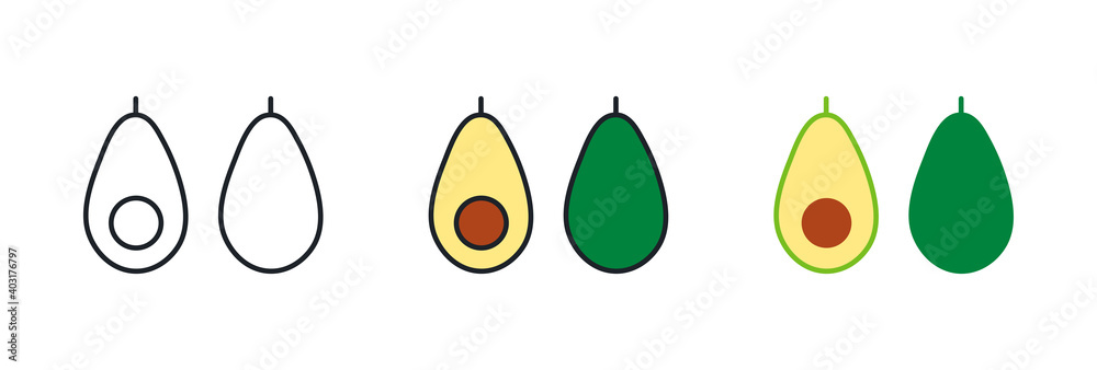 Avocado icon. Avocado fruit whole and half. Linear color icon, contour, shape, outline. Thin line. Modern minimalistic design. Vector set. Illustrations of fruits