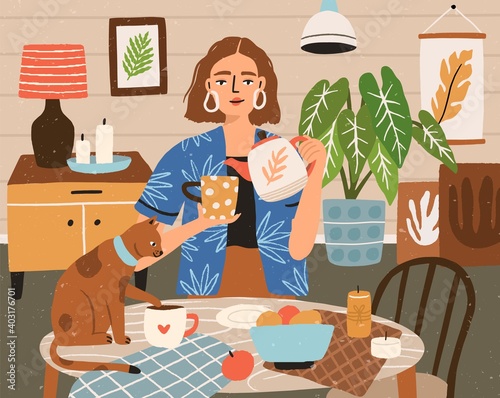 Woman pouring tea into cup at cozy home interior vector flat illustration. Female character drinking hot beverage with cat. Cute person relaxing spending time at cozy room with pet