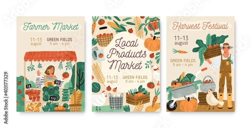 Collection of local products farmer market and harvest festival posters vector flat illustration. Set of announcement for seasonal agricultural fair isolated. Promo template with place for text