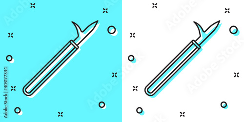 Black line Metal pike pole with wooden handle icon isolated on green and white background. Spear, pickaxe, hook hand extinguishing instrument and tool for fireman. Random dynamic shapes. Vector.