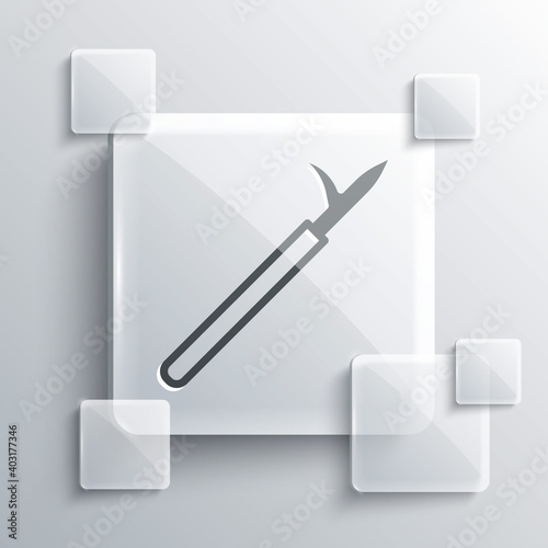 Grey Metal pike pole with wooden handle icon isolated on grey background. Spear, pickaxe, hook hand extinguishing instrument and tool for fireman. Square glass panels. Vector.