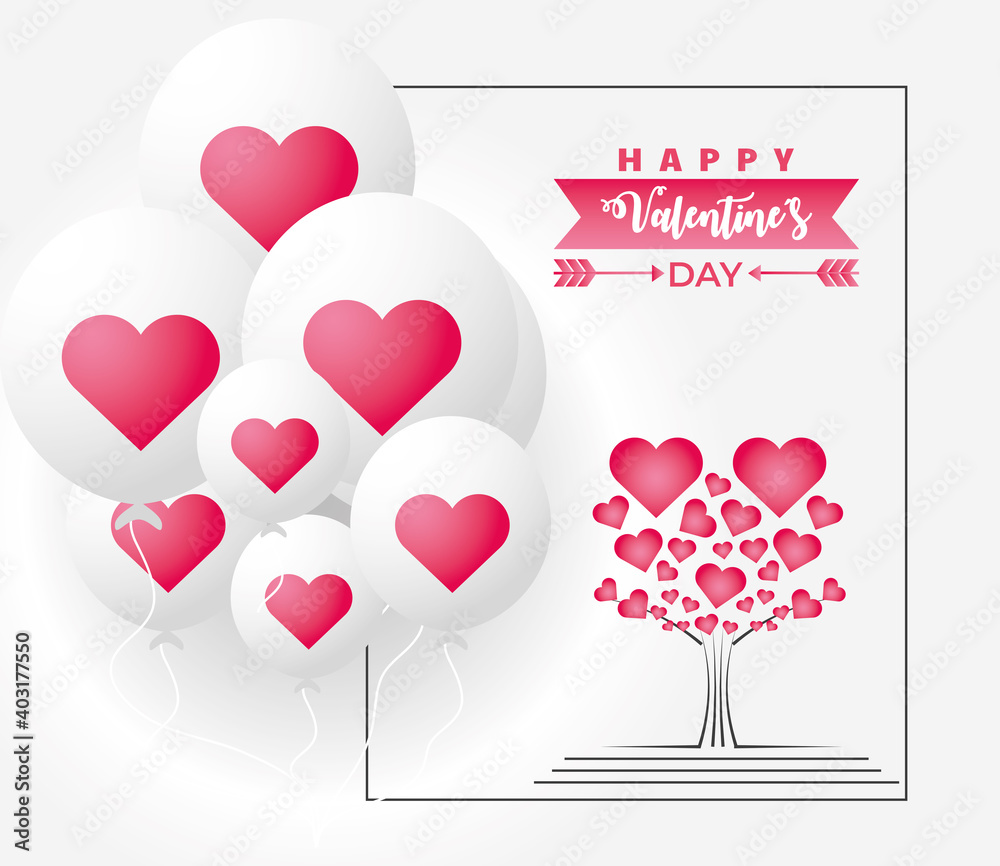 happy valentines day lovely tree with leaves shaped hearts and balloons decoration card