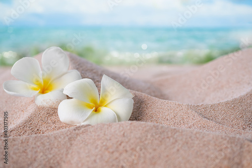 Aromatherapy spa concept.  Plumeria flowers on sand beach at coast on blur blue sea and blue sky.