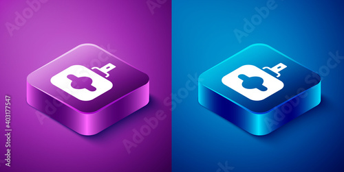 Isometric Perfume icon isolated on blue and purple background. Square button. Vector.