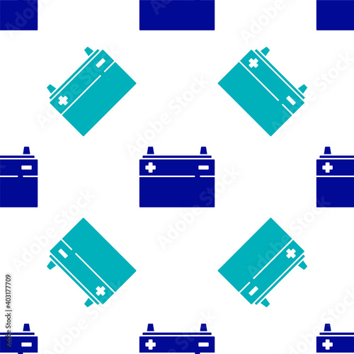 Blue Car battery icon isolated seamless pattern on white background. Accumulator battery energy power and electricity accumulator battery. Vector.