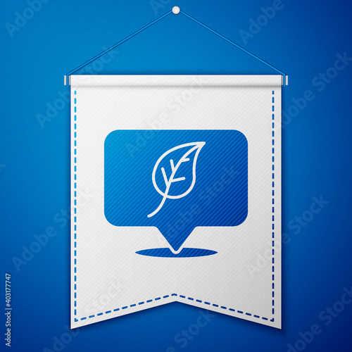Blue Location with leaf icon isolated on blue background. Eco energy concept. Alternative energy concept. White pennant template. Vector.