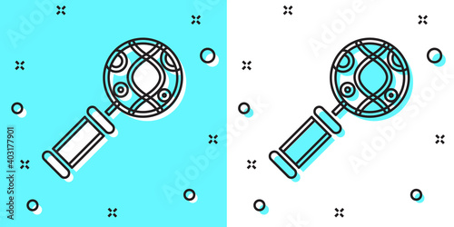 Black line DNA research, search icon isolated on green and white background. Magnifying glass and dna chain. Genetic engineering, cloning, paternity testing. Random dynamic shapes. Vector.