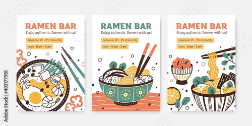 Collection of ramen bar colorful vertical posters vector flat illustration. Set of promo templates for restaurant of japanese cuisine. Vertical advertising with national oriental soup with noodle