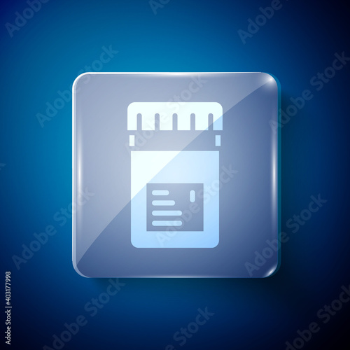 White Biologically active additives icon isolated on blue background. Square glass panels. Vector.