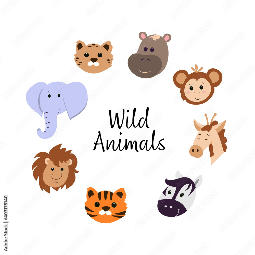 Cartoon faces of wild animals isolated on white background. Safari, jungle, woodland, giraffe, elephant, tiger, leopard, hippo, zebra, lion and monkey. Vector set in flat style for baby design. Cartoon faces of wild animals isolated on white background. Safari, jungle, woodland, giraffe, elephant, tiger, leopard, hippo, zebra, lion and monkey. Vector set in flat style for baby design.