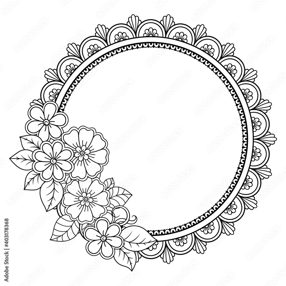 Frame in eastern tradition. Stylized with henna tattoos decorative pattern for decorating covers for book, notebook, casket, magazine, postcard and folder. Flower mandala in mehndi style.
