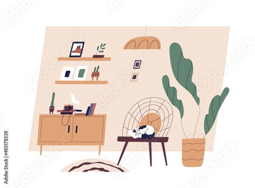 Modern cozy living room interior with furniture, houseplants and decoration in Scandinavian style. Cat sleeping on chair at home. Hygge concept. Flat vector illustration isolated on white background