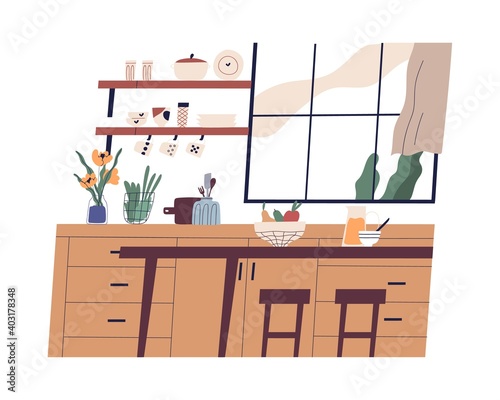 Kitchen interior with window and furniture. Empty dining room furnished with table, chairs, cupboard, shelves with tableware. Colored flat vector illustration isolated on white background