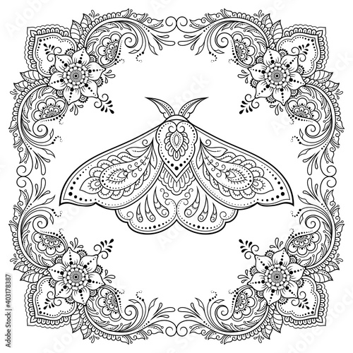 Stylized with henna tattoos decorative pattern for decorating covers book, notebook, casket, postcard and folder. Mandala, flower, moth and border in mehndi style. Frame in the eastern tradition.