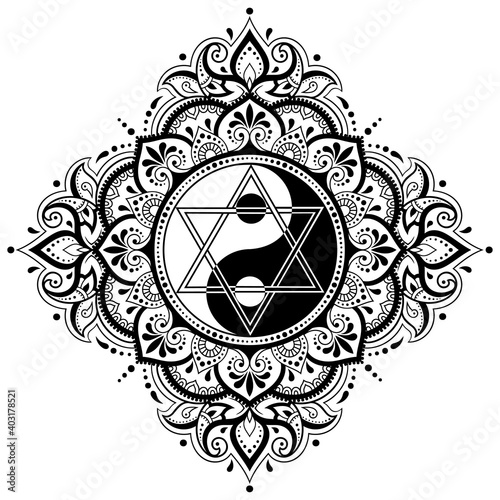 Circular pattern in form of mandala for Henna, Mehndi, tattoo, decoration. Decorative ornament in ethnic oriental style with Yin-yang symbol and star of David. Outline doodle vector illustration.