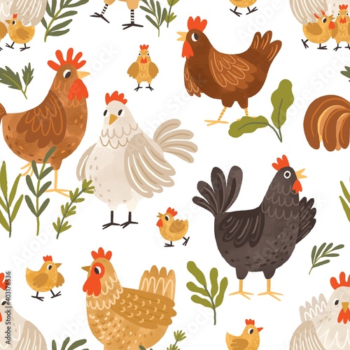 Seamless pattern with cute roosters, chickens, hens and plants on white background. Endless repeatable backdrop with domestic birds. Colored flat textured vector illustration