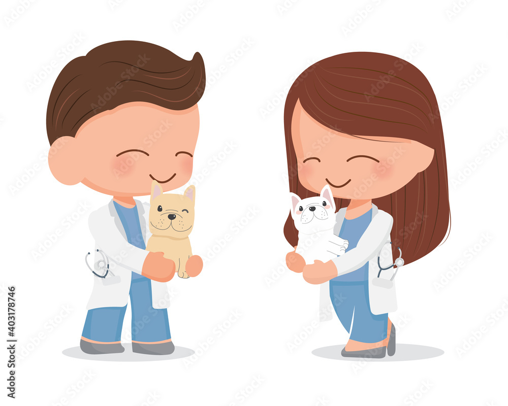 cute young veterinarian couple character flat style isolated on white background cute young veterinarian couple character flat style isolated on white background