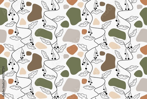 vines and ivy background with climbing leaves in green on a pastel beige or yellow background in a pretty charming random pattern design