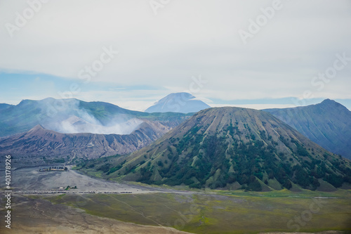 Beautiful landscape of three volcanoes - Bromo, Batok and Semeru in Indonesia