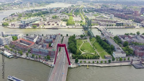 Rotterdam, Netherlands. Rotterdam Bridges - Williamsburg Suspension Bridge, De Hef Drawbridge and Koninginnebrug Bridge, Aerial View photo