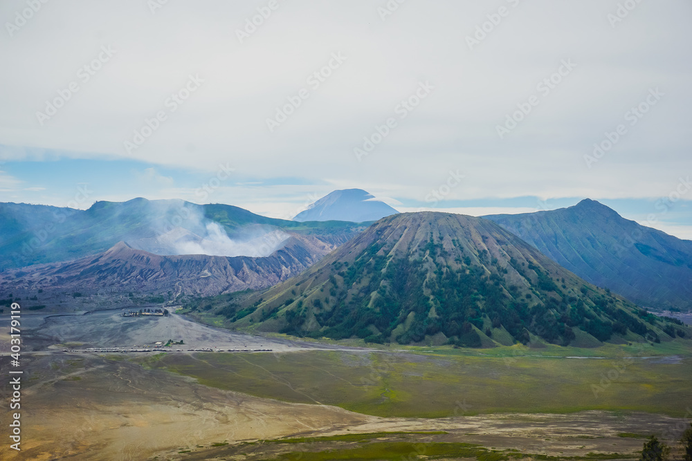 Beautiful landscape of three volcanoes - Bromo, Batok and Semeru in Indonesia