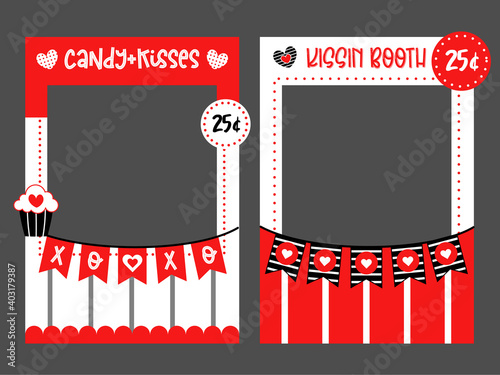 Photo booth props frame for valentines day party. Candy and kisses. Love celebration. Red and white vector photo frame. Selfie photobooth. 