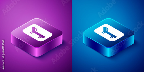 Isometric Sunbed icon isolated on blue and purple background. Sun lounger. Square button. Vector.