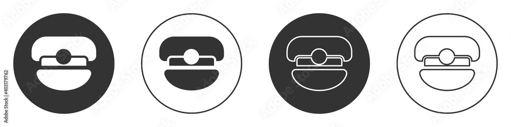Black Captain hat icon isolated on white background. Circle button. Vector. Black Captain hat icon isolated on white background. Circle button. Vector.