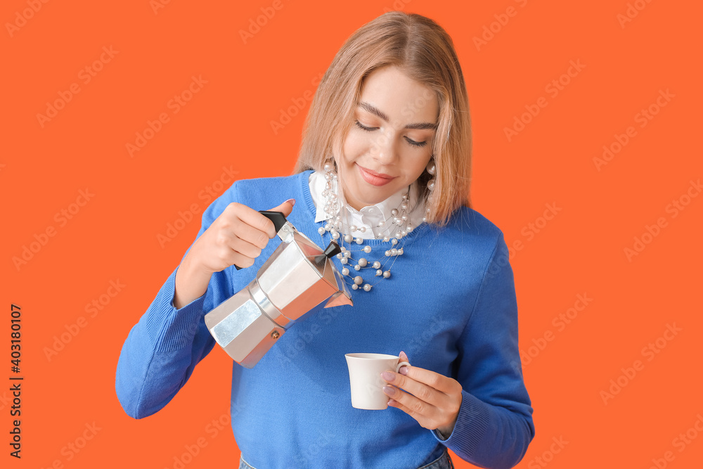 Beautiful young woman with hot coffee on color background Beautiful young woman with hot coffee on color background