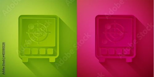 Paper cut Radar with targets on monitor in searching icon isolated on green and pink background. Search system. Navy sonar. Paper art style. Vector.
