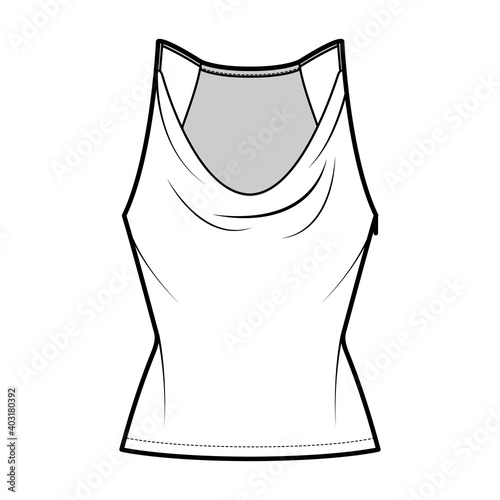 Tank low cowl Camisole technical fashion illustration with thin adjustable straps, slim fit, tunic length. Flat apparel outwear top template front, white color. Women men unisex CAD mockup