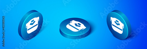Isometric Pilot hat icon isolated on blue background. Blue circle button. Vector.